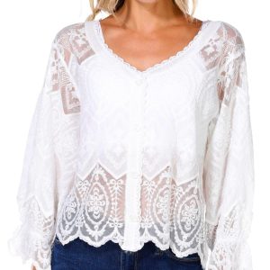 Rebellion Juniors Long Sleeve Button Down Lace Mesh Top