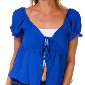 Jolie & Joy Juniors Short Puff Sleeve Tie Front Top