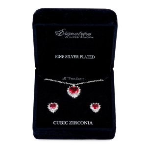Signature CZ Red Heart Necklace & Earrings Set
