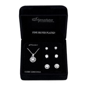 Signature CZ Halo Necklace & 3-Pc. Stud Earrings Set