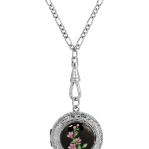 1928 Jewelry Black Decal Pink Flower Locket Necklace