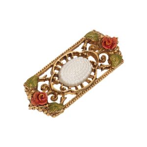1928 Jewelry Faux Pearl Red Rose Rectangle Brooch