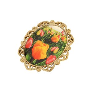 1928 Jewelry Gold Tone Oval Orange Tulip Decal Pin
