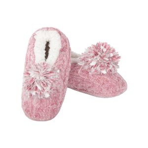 Womens Plush Pom-Pom Chenille Cable Knit Slippers