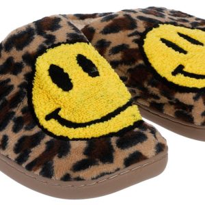Katy Did Womens Leopard Print Happy Face Slippers