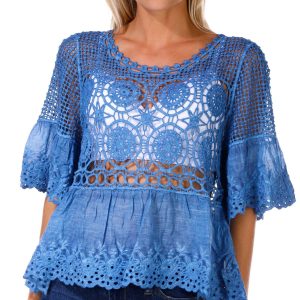 Rebellion Juniors Washed Crochet Short Sleeve Top