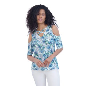 Stella Parker Criss Cross with Cold Shoulder Printed Top