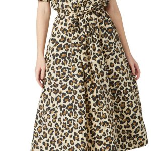 Ellen Tracy Womens Leopard Print Puffer Sleeve Midi Dress