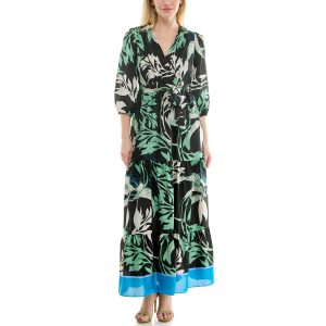 Maison Tara Womens Long Sleeve Satin Dobby Maxi Dress