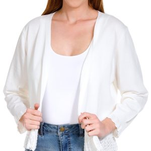 Nina Leonard Womens Solid Lace Hem Long Sleeve Shrug