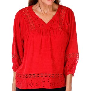 Adrienne Vittadini Womens 3/4 Sleeve Knit Lace Top