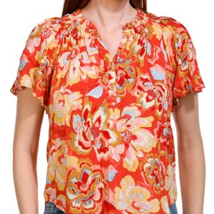 Democracy Petite Short Bell Sleeve Floral Woven Top