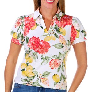 Stella + Ginger Petite Short Sleeve Lemon Print Polo Top