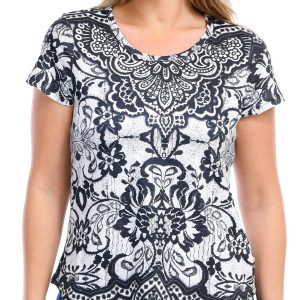 One World Petite Print Rhinestone Short Sleeve Top
