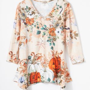 One World Petite 3/4 Sleeve Pumpkin Harvest V-Neck Top