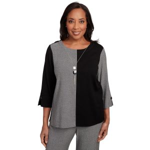 Alfred Dunner Petite Center Sliced 3/4 Sleeve Top