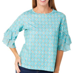 Erin London Petite 3/4 Ruffle Print Top
