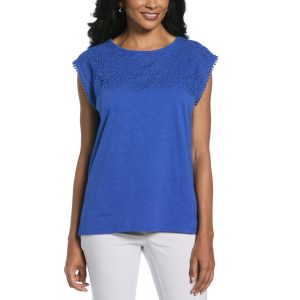 Rafaella Petite Circular Lace Yoke Short Sleeve Top