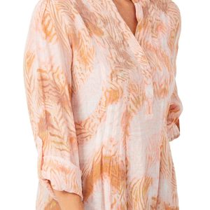 Zac & Rachel Womens 3/4 Sleeve Pleated Print Slub Top