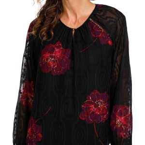 Zac & Rachel Womens Long Sleeve Floral Clipped Chiffon Top
