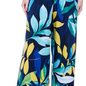 Zac and Rachel Womens Leaf Print Drawstring Wide Leg Pants