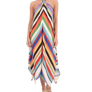 Laundry by Shelli Segal Multi Stripe Halter Hanky Hem Dress