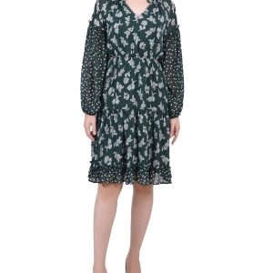 NY Collection Petite Long Sleeve Combo Chiffon Dress