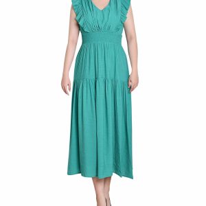 Petite Solid Smocked Flutter Sleeve Midi Dress