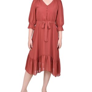 NY Collection Petite 3/4 Sleeve V-Neck Flounced Dress