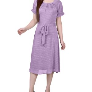 NY Collection Womens Short Sleeve Belted Swiss Dot Dress