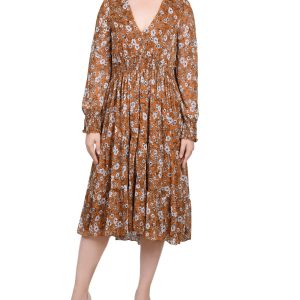 Petite Long Sleeve Clip Dot Chiffon Dress With Smocked Waist