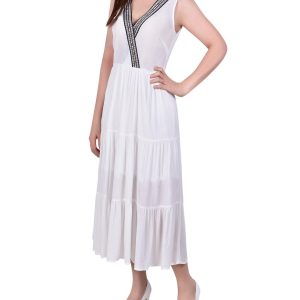 NY Collection Womens Embroidered Neckline Tiered Maxi Dress