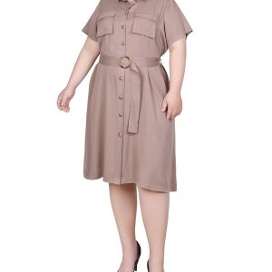 NY Collection Plus Short Sleeve Safari Style Dress