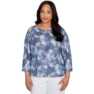 Hearts of Palm Plus Square Ring Neck Graphic 3/4 Sleeve Top