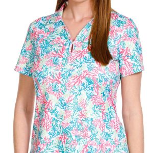 Coral Bay Golf Petite Coral Print 1/4 Zip Golf Polo Shirt