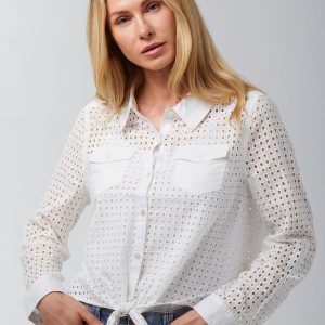Greige Womens Eyelet Tie Front Button Down Top