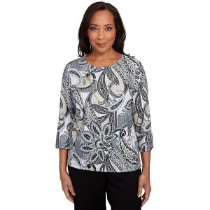 Alfred Dunner Womens Reversible Paisley 3/4 Sleeve Top
