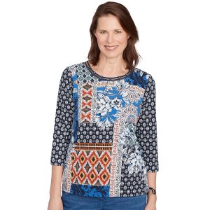 Alfred Dunner Womens Batik Patchwork 3/4 Sleeve Top