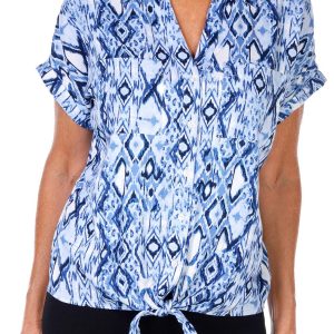 Coral Bay Womens Short Sleeve Collared Print Top