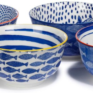 Home Essentials 4 Pc Blue and White Fishes Snack Bowls