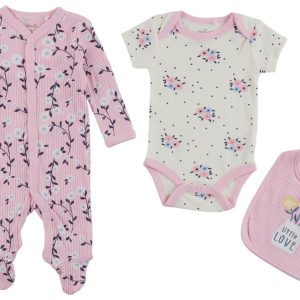DreamGro Baby Girls 3 Pc Bodysuit Footie Bib Set