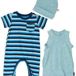 Volcom Baby Boys 3 Pc Stripe Solid Rompers and Hat Set