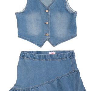 YMI Big Girls 2 Pc Denim Vest & Pull-On Skirt Set